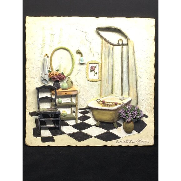 Vintage C. Winterle Olson 3D Wall Art Tile Plaque Bathroom Resin 7"X 7" - Picture 1 of 15
